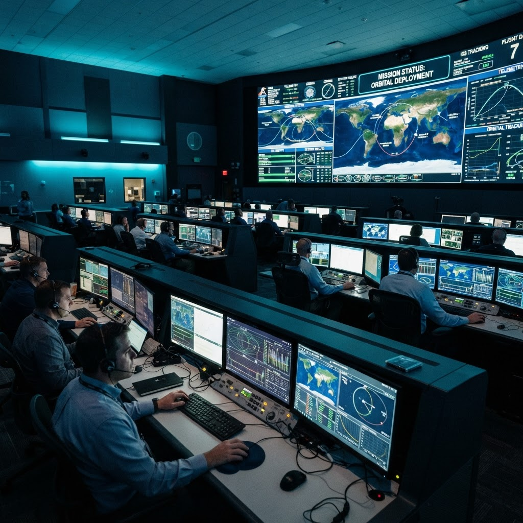 Mission control room with operators at consoles monitoring orbital tracking data on a wall of glowing displays